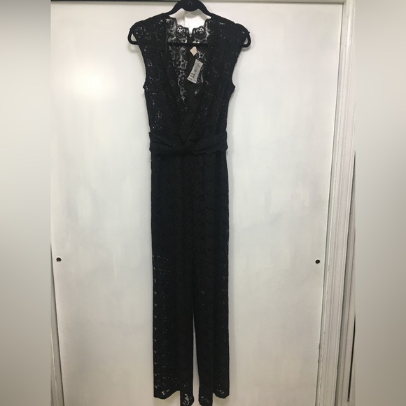 H&M Black Lace Jumpsuit Sheer (lined shorts) plunging neckline so sexy size 4 - Picture 3 of 13